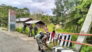 Peduli Kebersihan Dan Kesehatan, Satgas Yonif 122/TS Laksanakan Karya Bhakti Bersama Masyarakat