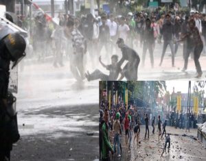 Demo di DPRD Sumut Ricuh, Massa Lempar Batu dan Petasan, Polisi Tembakkan Gas Air Mata